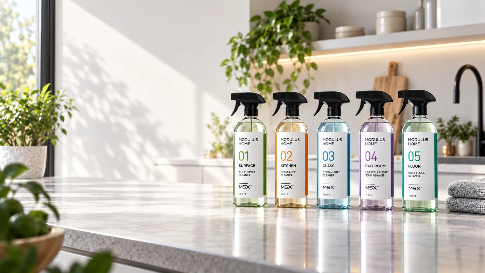 Modulus Home cleaning range in a bright modern kitchen